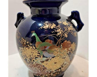 Vtg Japanese Black Vase With Gold Peacock and Florals 2 Small