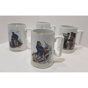 Vintage Norman Rockwell Set of 4 1985 Nautical Tankard Mugs/Cups Gold Trim