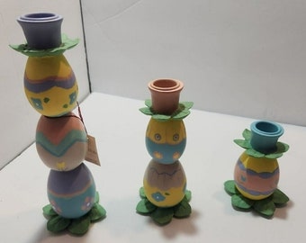 Vtg Silvestri Easter Egg Candle Holders Set Of 3 8.5", 6", 4" Colorful