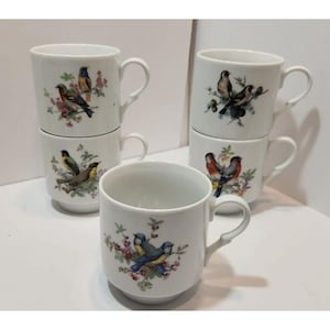 Pode incluir: Conjunto de seis canecas de cerâmica branca com ilustrações de pássaros coloridos. Cada caneca apresenta um design de pássaro diferente com detalhes florais. As canecas têm uma forma clássica com alça.