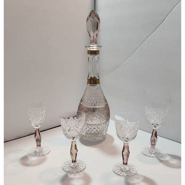 Vtg MCM Set of 4 Cut Glass Cordial Glasses With Etched Decanter