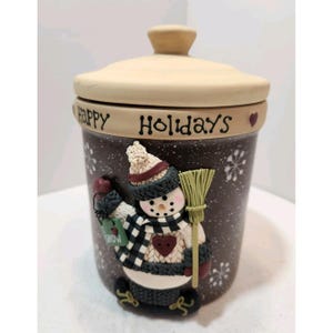 Vtg 3D Snowman Happy Holidays Cookie/Treats/Goody Jar Brown & Tan w/Box