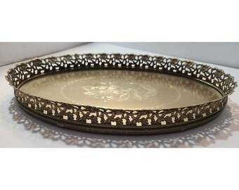 Vtg Oval Brass Hollywood Regency Vanity Tray Perfume Tray Makeup Tray w/Roses