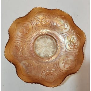 Antique Fenton Dragon & Lotus Bowl Ruffled Carnival Glass Iridescent Marigold