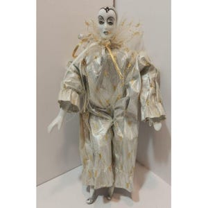 Vtg Porcelain and Cloth Harlequin Doll with Silver Clothes Gold Accents 12&quot; Tall
