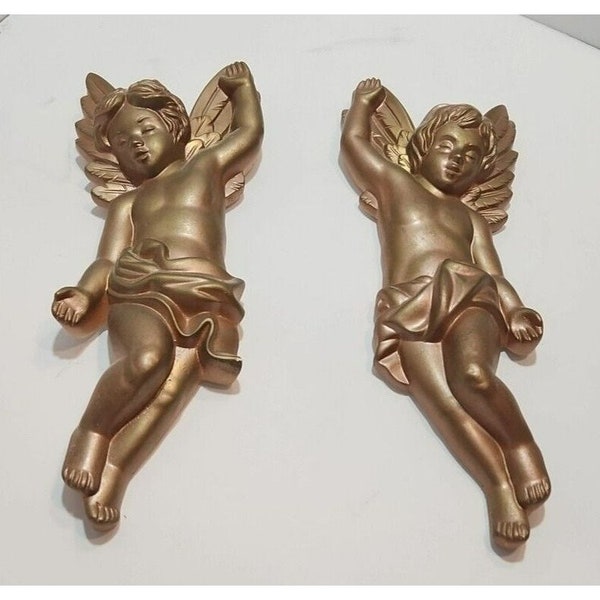 Vintage 1968 Miller Studio Cherub Pair Chalk Ware Wall Decor Hollywood Regency