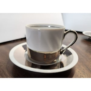 Puede incluir: Un juego de taza y platillo de porcelana blanca con una banda plateada alrededor del borde de la taza y el platillo. El platillo tiene una superficie plateada reflectante.