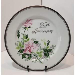 Vtg Norcrest 25th Anniversary Plate w/ Pink Roses & Silver Trim on Rim Wedding