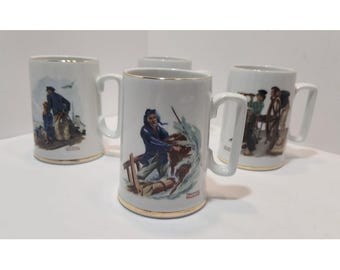 Vintage Norman Rockwell Set of 4 1985 Nautical Tankard Mugs/Cups Gold Trim