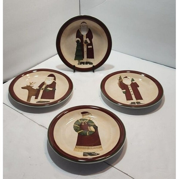 Vtg Debbie Mumm Folk Art Santas Set of 4 Salad/Dessert plates~ Zak Designs