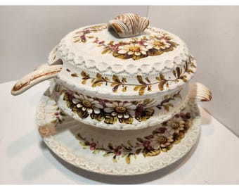 Vintage Hand Painted Floral Large Serving Italian Soup Tureen w/Plate & Ladle