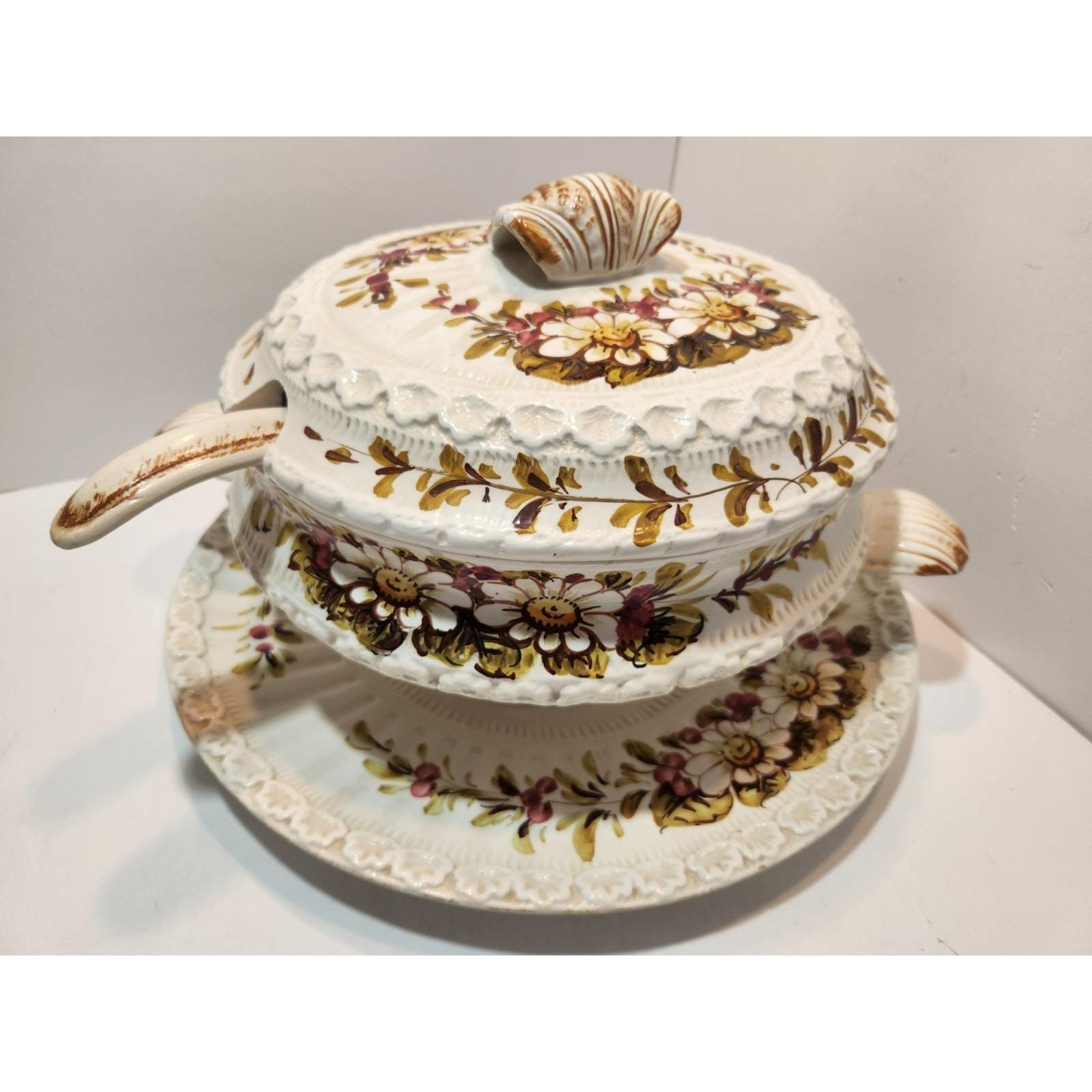 Soupière à Couvercle En Porcelaine Blanche Italienne Creamware Roses Centerpiece Bowl C1950