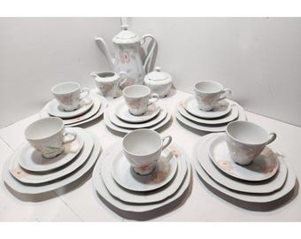 Vtg Bareuther Bavaria Germany Porcelain MCM Floral Tea Set 29 Pieces White Pink