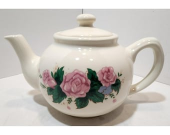 Vintage Victoriaanse keramische Interpur-theepot crèmekleur met roze rozen
