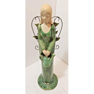 Vtg Ceramic Green Gardening 14.5" Tall Angel Figurine With Metal Leaf Wings