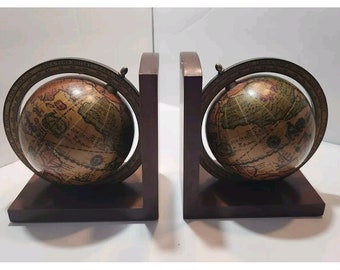 Vintage Globe Wood Bookends Old World Map Rotating Spinning Handcrafted in Italy