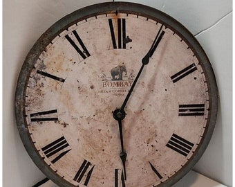 Vtg Timeworks Wall Clock "Bombay Tea & Coffee LTD" Distressed Look 9.5" As Is