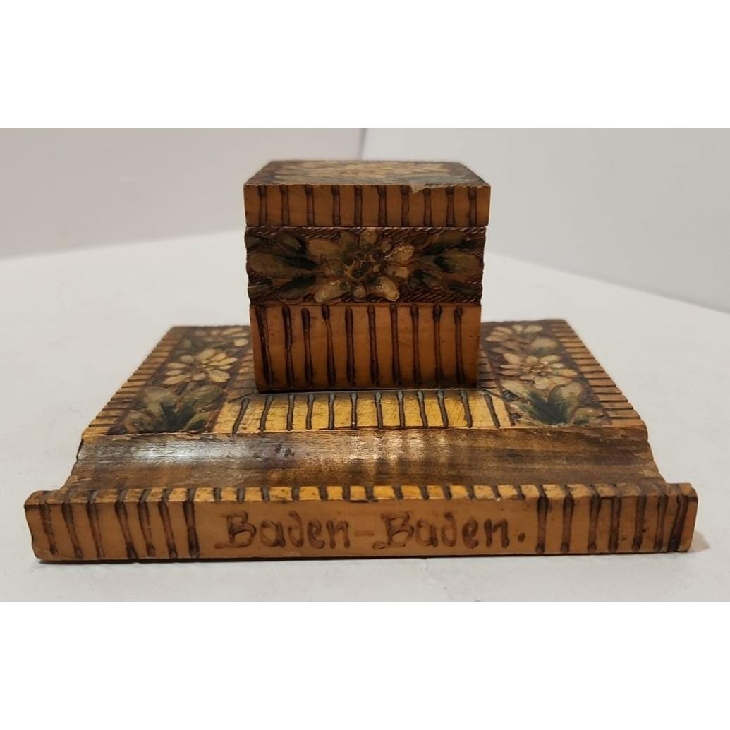 Vtg Wooden Hinged Handpainted Floral Inkwell with Pen Holder Baden Baden Germany