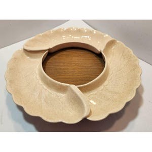 Vtg MCM California Pottery Tan en céramique 3 pièces plat à relish avec support