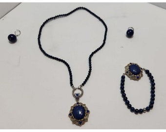 Vtg Kostüm Schmuck Set Blauer Stein & Perlen Halskette Armband Ohrringe