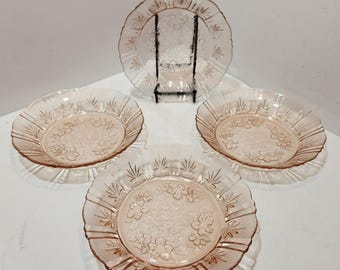 Vintage Nova Crisa Pink Glass Soup/Salad Bowls Floral Scalloped Edges 7.5&quot;