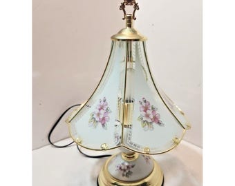 Vtg Brass Touch 3 Lamp 6 Glass Panels Dogwood Floral Design Ceramic-Works 14.5”