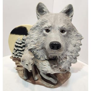 Vintage Keramik Grauer Wolf Kopf w / Mond, Wölfe & Bäume Figur