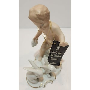 Vintage Wallendorf Germany Porcelain Figurine Boy with Two Rabbits 6.5&quot; Tall