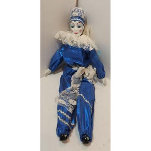 Vtg Porcelain Cloth Harlequin/Jester Doll Blue Lame & Lace Clothes