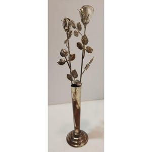Vintage Metal Rosebud Vase Double Rosebuds 11&quot; Tall Silver Toned Figurine
