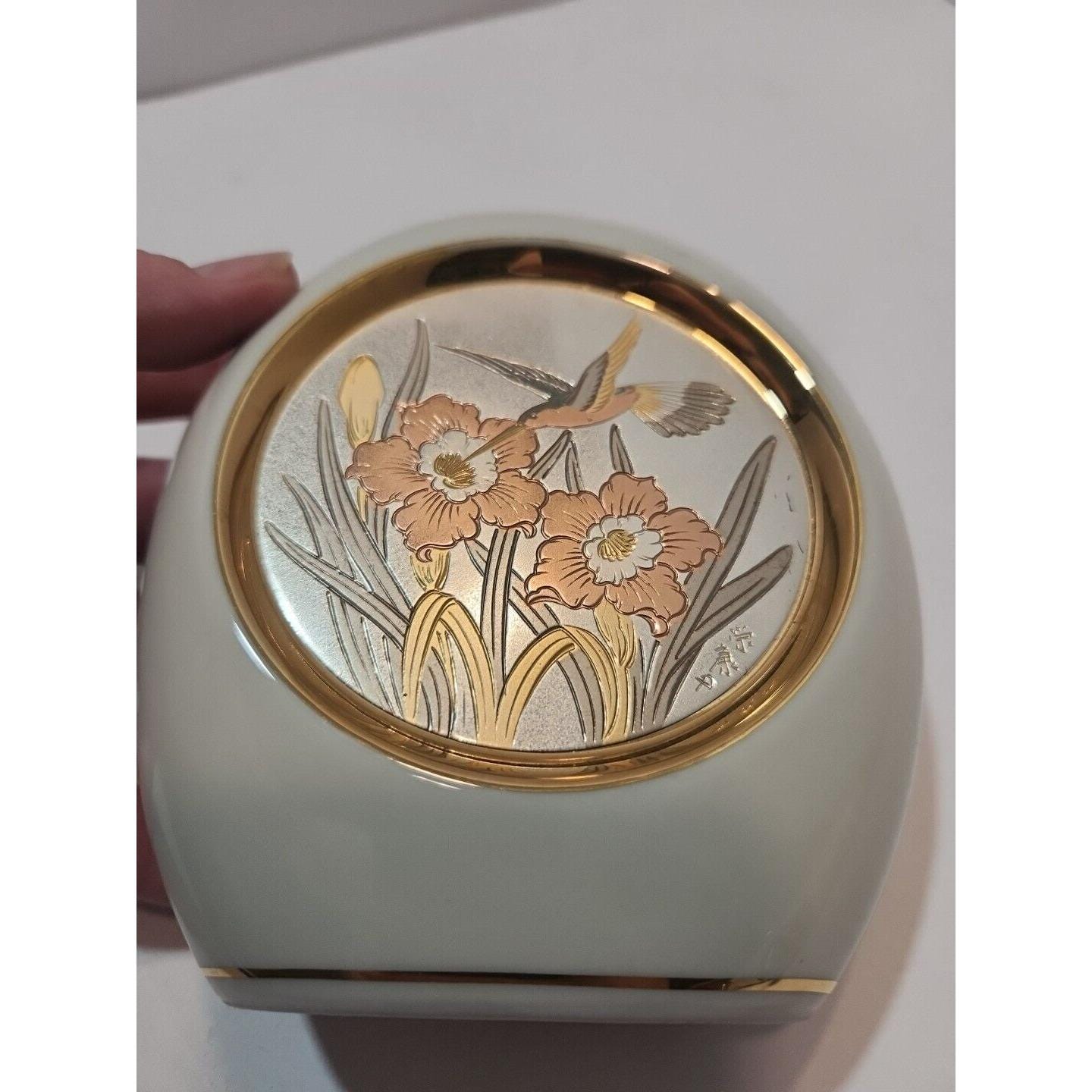 Vtg Art of Chokin Oval Bud Vase 24k Gold Edged Hummingbird Flowers