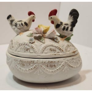 Vintage Lefton Porcelain BIsque Easter Egg Trinket Box w/ Chickens and Flowers