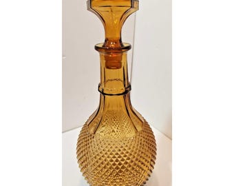 Botella decantadora de vino/licor de vidrio ámbar con relieve de los años 60, con tapón.