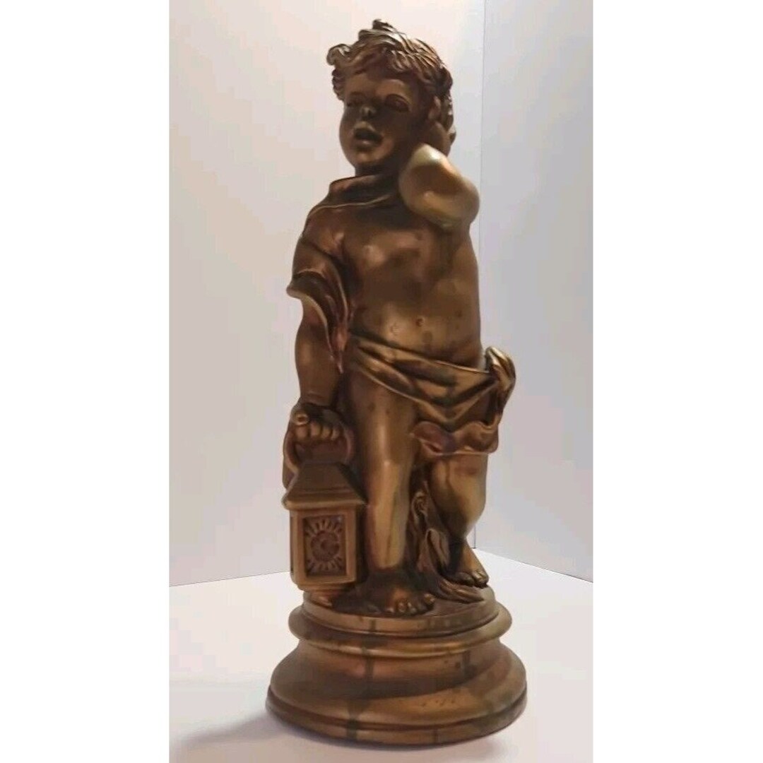 Vintage 1965 Universal Statuary Corp Cherub Holding Lamp Statue Bronze