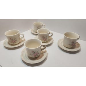 Vintage Pfaltzgraff Stoneware Tea Rose Cups And Saucers Set Of 5