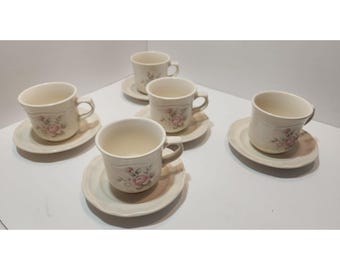 Vintage Pfaltzgraff Stoneware Tea Rose Cups And Saucers Set Of 5