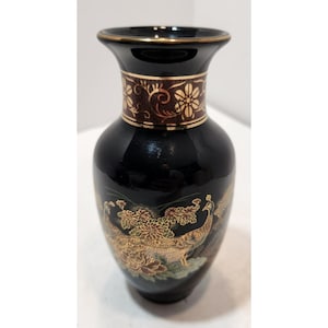 Vintage Black & Gold Porcelain Japanese Vase 6&quot; Tall with Peacock and Florals