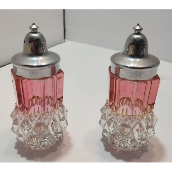 Vintage Retro Indiana Glass Ruby Red Flash Diamond Point Salt & Pepper Shakers