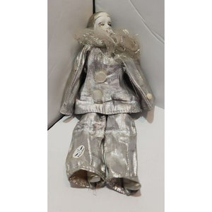 Vtg Harlequin Doll Ceramic and Fabric with Silver Lame Clothes