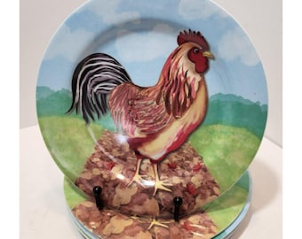 Juego de 5 platos de ensalada vintage Trisa de melamina con diseño de gallo campestre de 8 pulgadas, en tonos cielo y verde