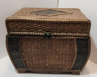 Vintage Brown Wicker Sewing Basket with Metal Decor