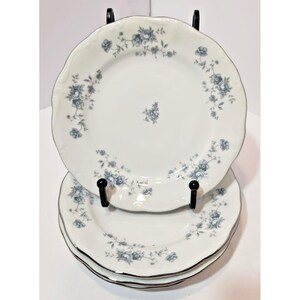 Puede incluir: Un juego de tres platos de cerámica blanca con un delicado patrón floral azul de pequeñas flores y enredaderas a lo largo de los bordes festoneados. Cada plato tiene un motivo floral central y un borde plateado, sobre un soporte de metal negro.