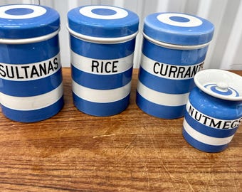 Set Of  4  Vintage T G Green Cornish Kitchen Canisters Blue White Striped