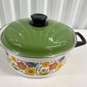 Vintage Mid Century Floral Enamel Pot Dutch Oven 70s Kitchen