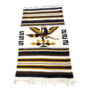 Mid Century Vintage Hand Woven Wool Rug Carpet Mexico w/ Eagle and Snake