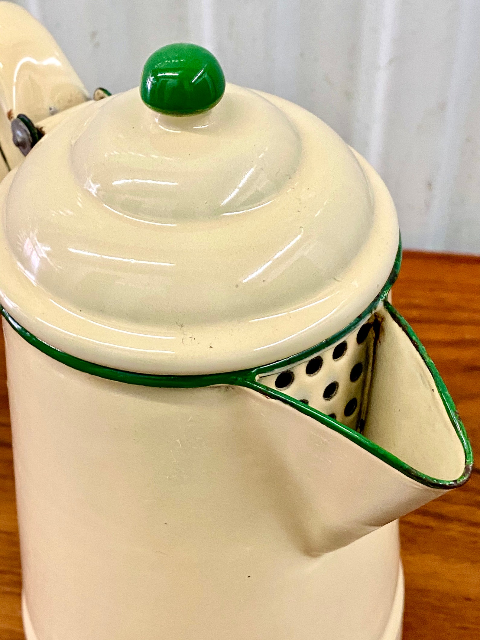 Vintage Cream & Green Enamel Ware Coffee Pot Etsy