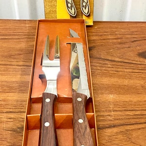 Mid Century Vintage Rosewood Handle 2 Piece Carving Set New Old Stock Japan