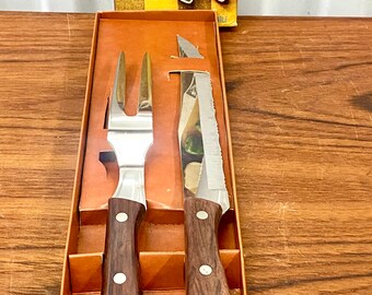 Mid Century Vintage Rosewood Handle 2 Piece Carving Set New Old Stock Japan