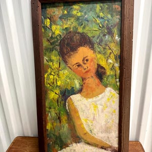 Vintage 1960s Young Girl Portrait Oil On Board Framed Oil Painting