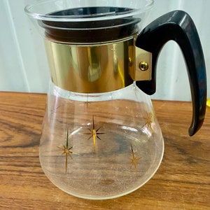 Vintage Mid Century Corning Heat Proof Glass Gold Starburst Coffee Carafe